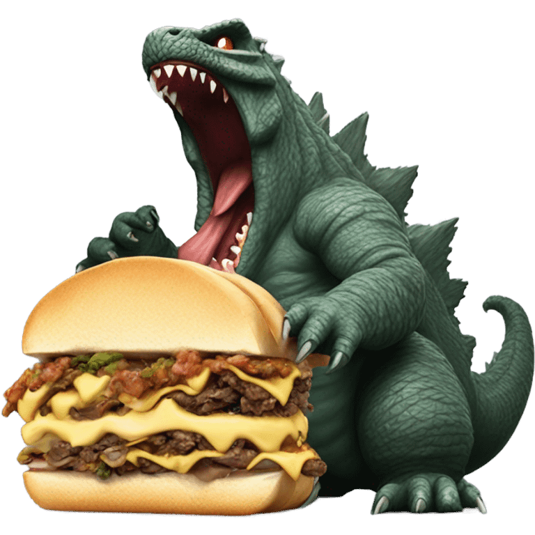 Godzilla eating a Philly cheesesteak sandwich emoji