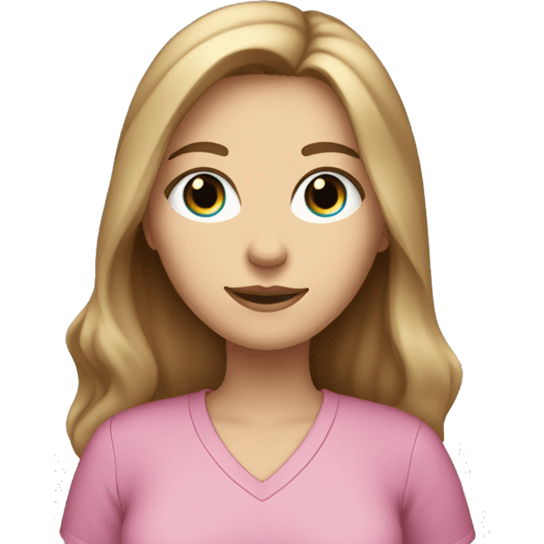 White woman with blue eyes and long dark hair wearing a pink shirt and holding a tabby cat emoji