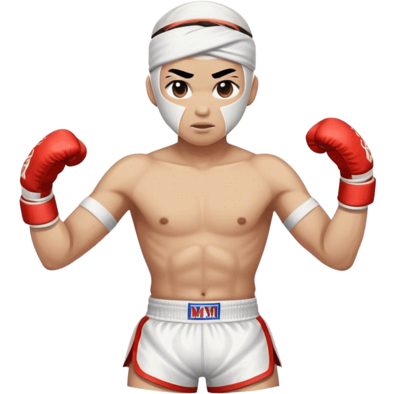 ​Cinematic Realistic Traditional Muay Thai Fighter such as Buakaw Banchamek, depicted in authentic attire featuring white bandaged gloves wrapped around his fists, a traditional headband tied neatly, and classic Muay Thai shorts, captured in a dynamic fighting stance under dramatic, high-energy lighting that highlights the raw power and elegance of the art, emoji