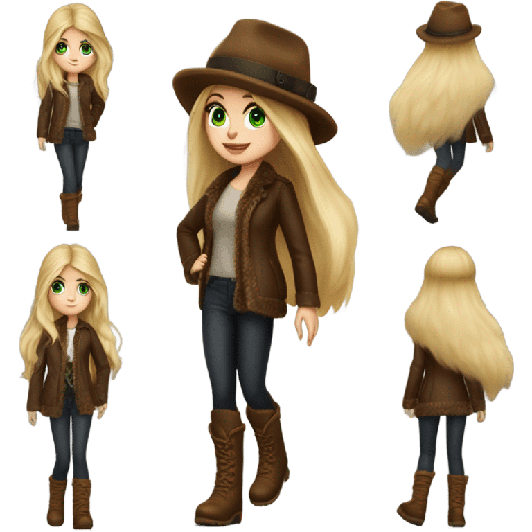 Realistic White girl with Long straight blonde hair, green eyes, tattoos, full body wearing Brown fur coat and fur hat and Brown leather boots, walking emoji