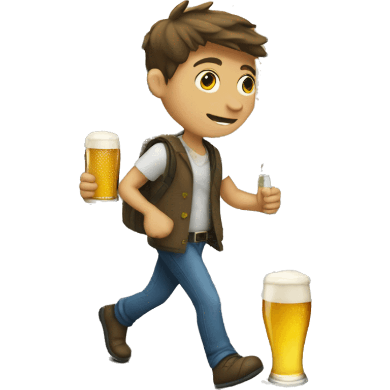 European boy walking down street holding a beer emoji