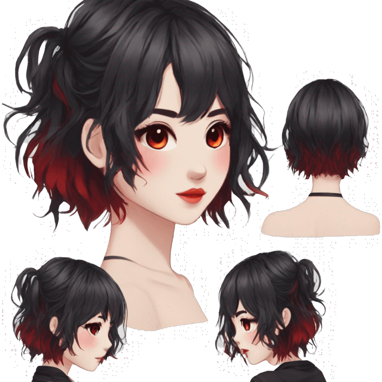 Gorgeous anime style lady with blushing face aesthetic and pretty edgy black red punk hair with hair garment trending style emoji