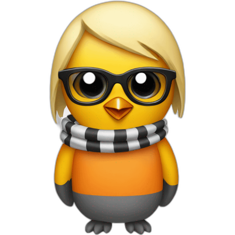 yellow penguin with black glasses blonde hair with orange tshirt and gray striped scarf emoji