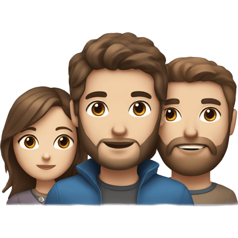 Woman with brown hair and blue eyes with man with brown hair and brown eyes and a beard holding a small gray cat emoji