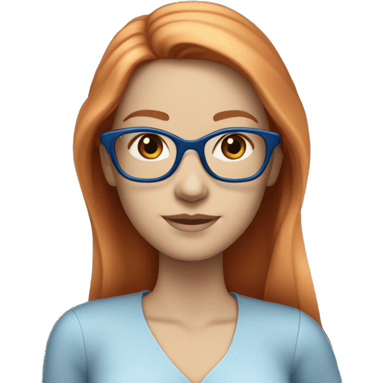 White-girl-with-long-hair-red-head-eyes-blue-wearing-glasses-blouse-formal-blue emoji