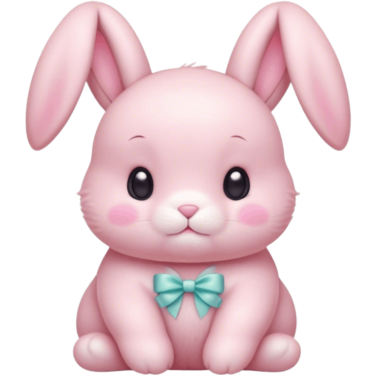 Cinematic adorable pastel pink bunny, chubby cheeks, tiny paws, sparkling round eyes, soft fur with a gentle glow, slightly tilted head, wearing a tiny bow, irresistibly cute and heartwarming. emoji