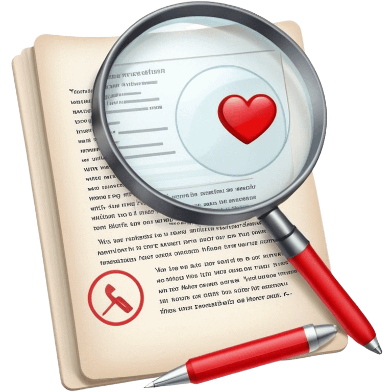 Create an emoji representing editing and proofreading. The design should feature an open document or manuscript with visible text and proofreading marks (such as red underlines or corrections). A red pen or pencil should be placed near the document, symbolizing the act of making edits. Optionally, include a magnifying glass to represent careful review. Use neutral and professional colors like white, black, and red accents to highlight the editing process. Do not include any emojis or smiley faces. Make the background transparent. emoji