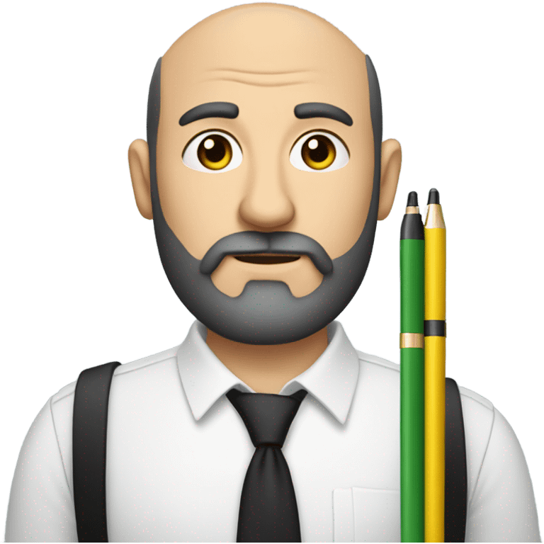 Balding man with black beard, cross on shirt, holding lots of pens  emoji