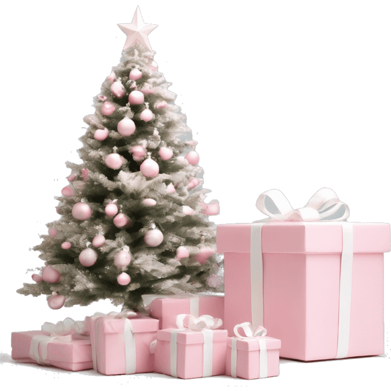 Light pink Christmas gifts under a white Christmas tree  emoji