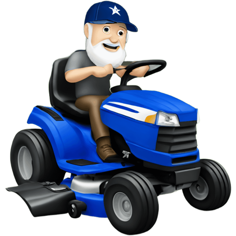 Older bigger white male with short grey beard and blue Dallas cowboys hat riding lawn mower  emoji