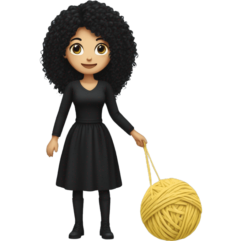 woman with long black curly hair holding one ball of yarn wearing black clothes emoji