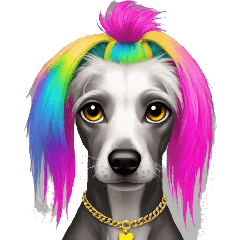 Punk Chinese crested dog neon rainbow hair gold chain punk piercings tattoos punk ear piercings emoji