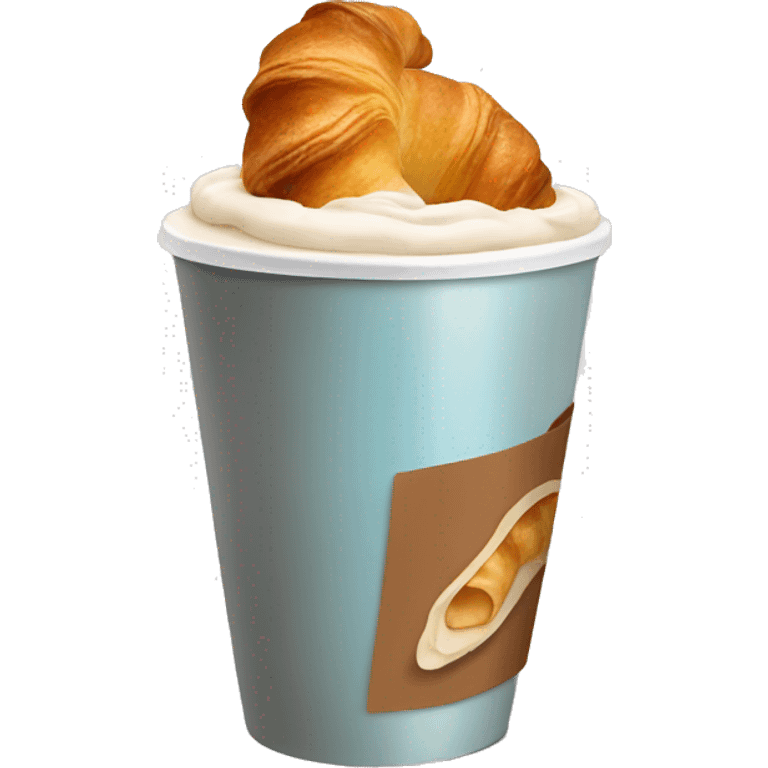 Disposable cup with cappuccino and croissant emoji