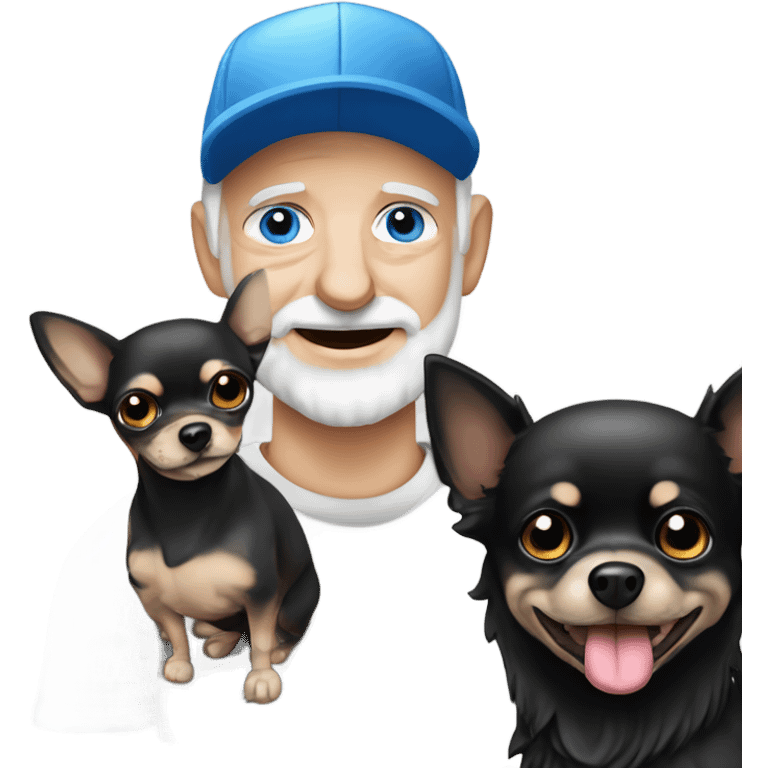 Old man blue eyes goatee beard ball cap holding cute black long fur Chihuahua emoji