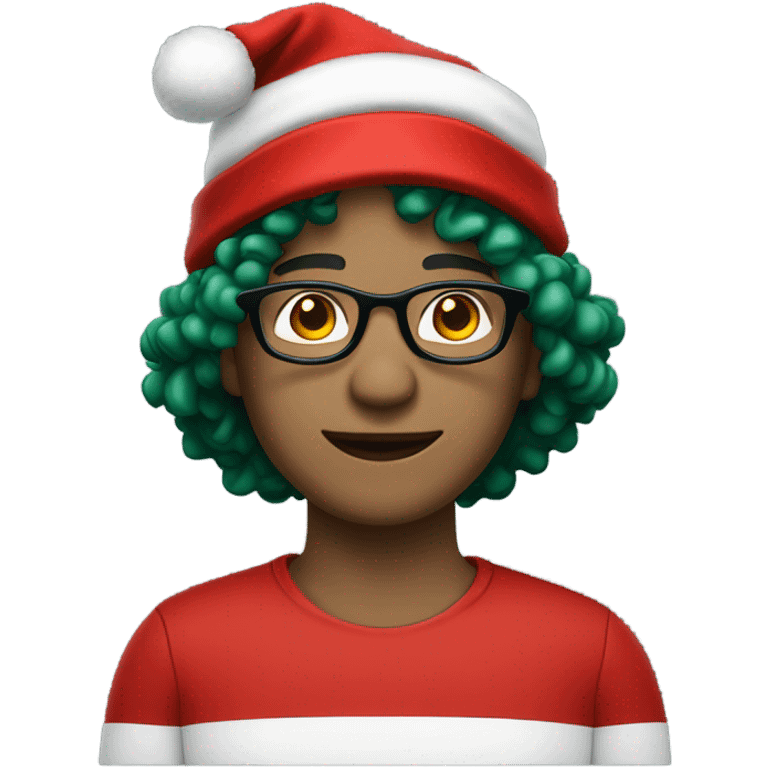 Unisex person ’light skin’ ’short curly dark green hair’ in a ’red Santa hat’ and black tshirt and round glasses  emoji