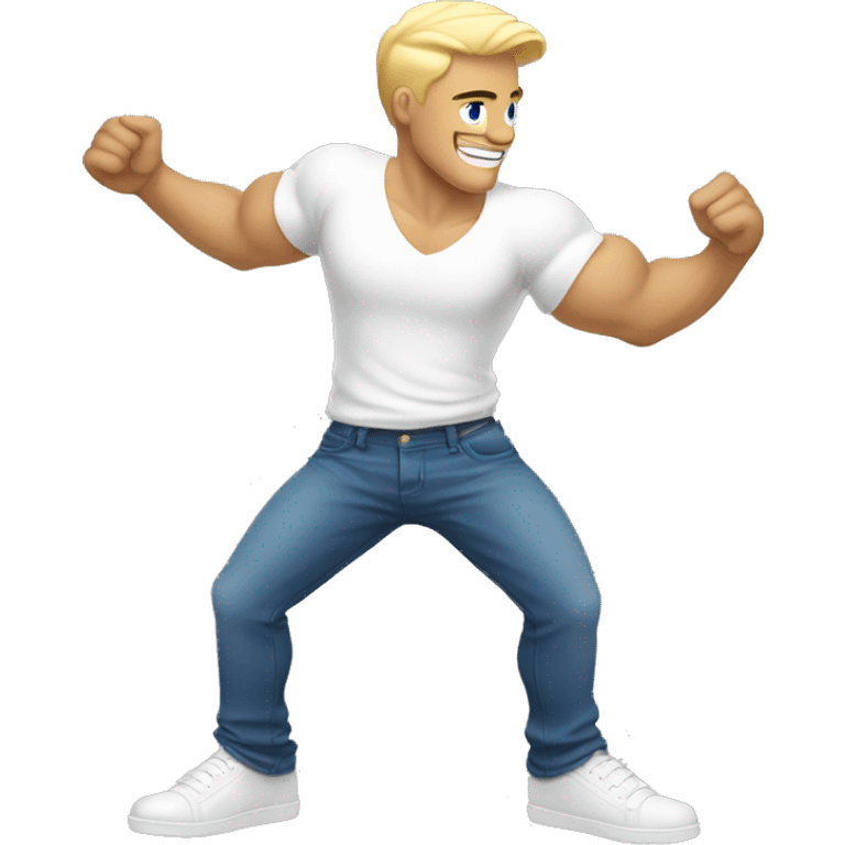 Dancing guy with white t shirt and blue jeans, white sKin and blonde hair. Lean and defined muscles emoji