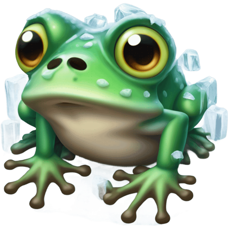 Frozen in ice frog shivering saying What the fuck ?! emoji