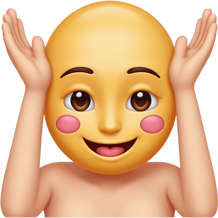 Happy blushing emoji with feet in the back and hands cupping its face emoji