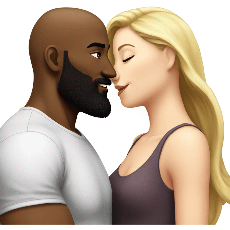 White girl brunette kissing muscular black bald man with beard emoji