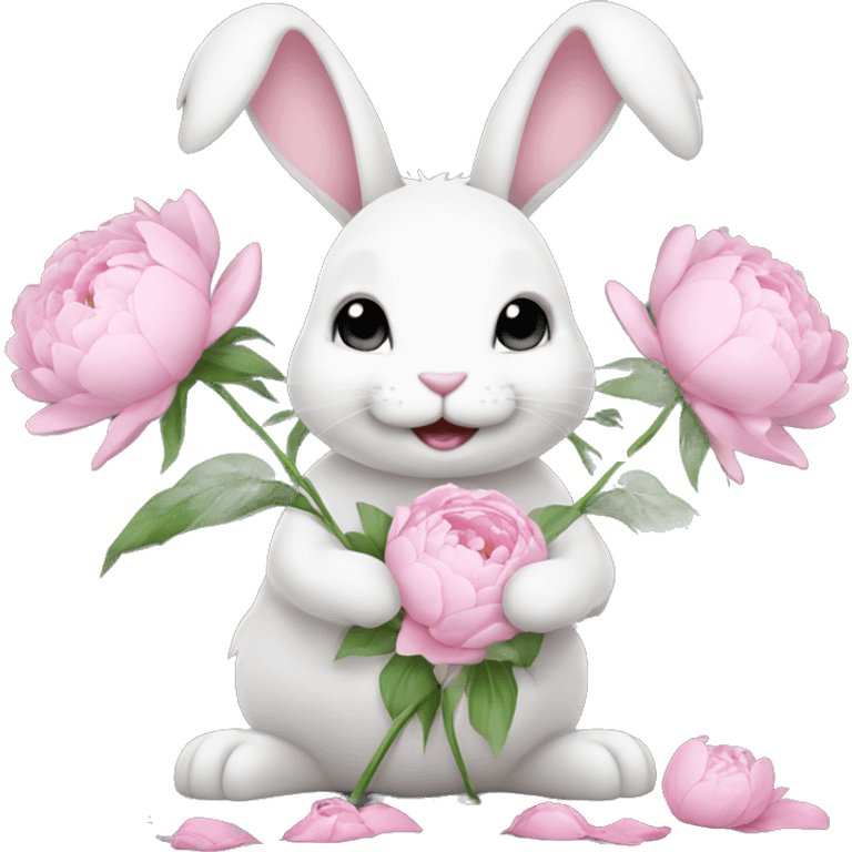 cute white bunny holding light pink peonies emoji