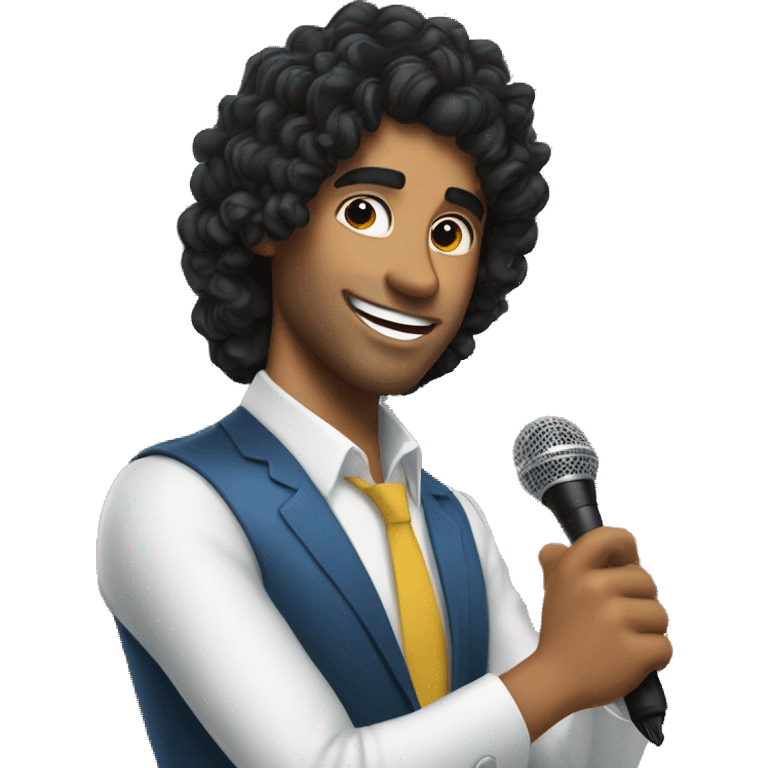 A male game show host with shoulder-length curly black hair and tanned skin holding a microphone emoji