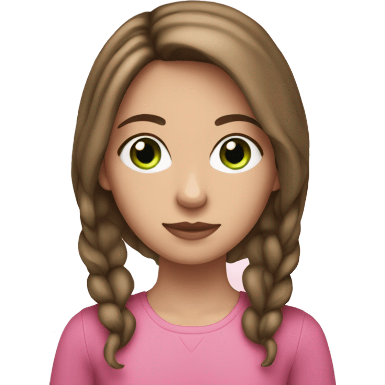 White girl with green eyes and brown hair wearing pink  emoji