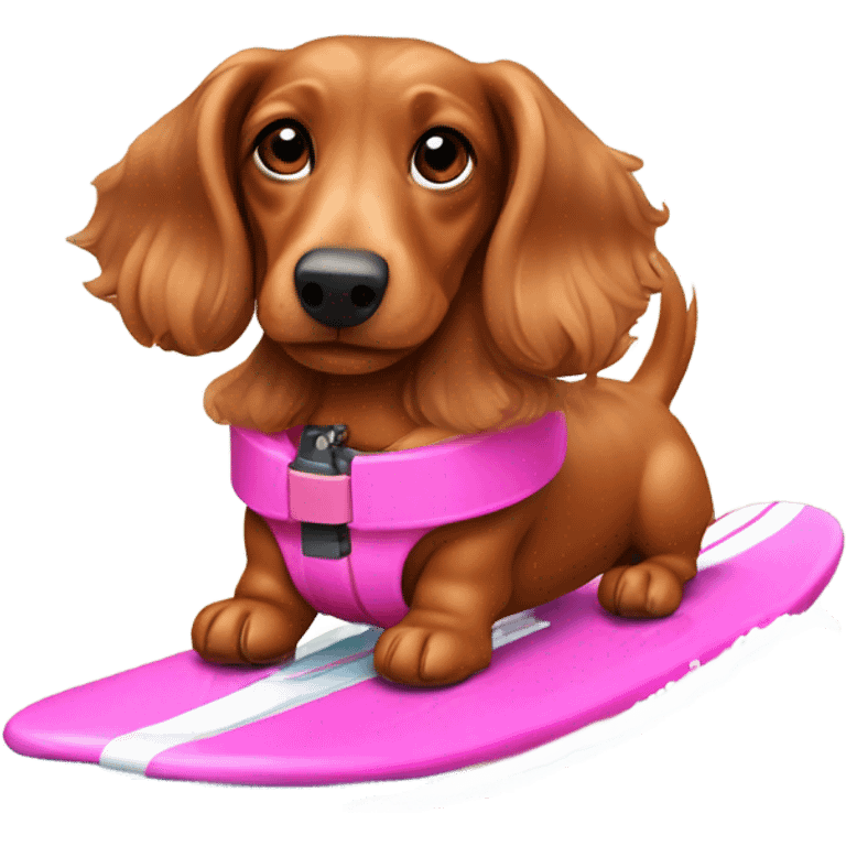 Long haired miniature dachshund red colour with pink collar on waterskis emoji