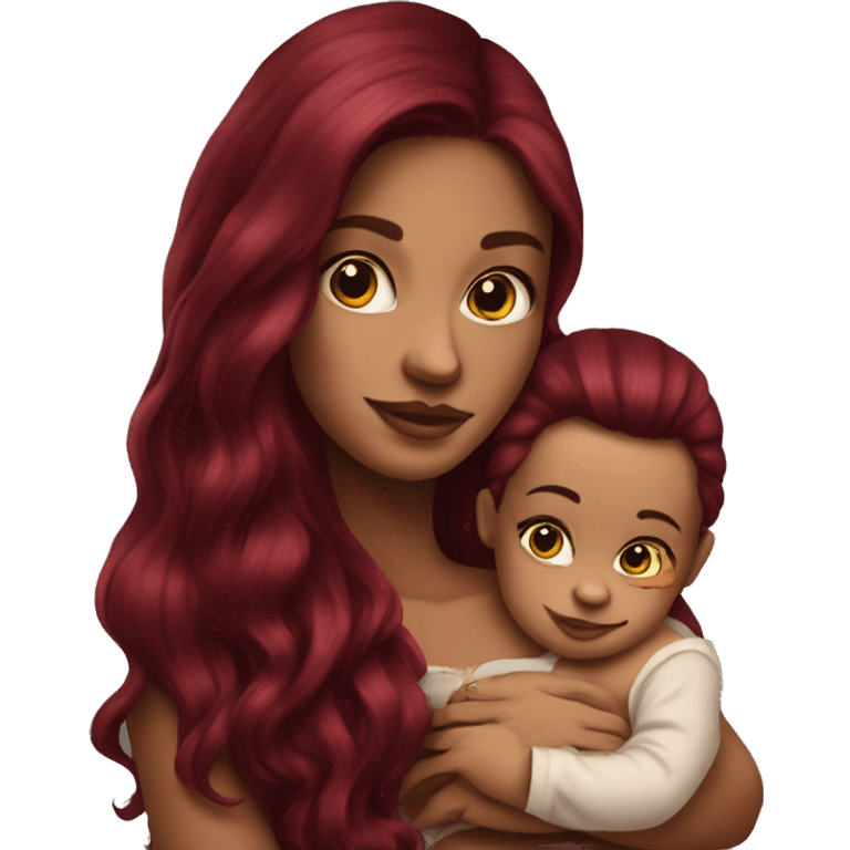 Beautiful tattooed burgundy long haired woman holding a baby emoji