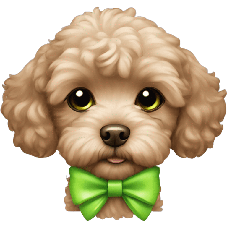 Brown maltipoo puppy with two neon green bows on ears emoji