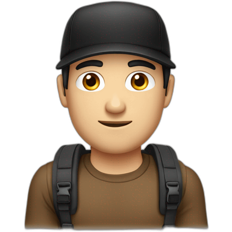 man,-caucasian,-with-a-brown-cap- -and-black-t-shirt- half body- black hair, black eyeblack-without suitcase emoji