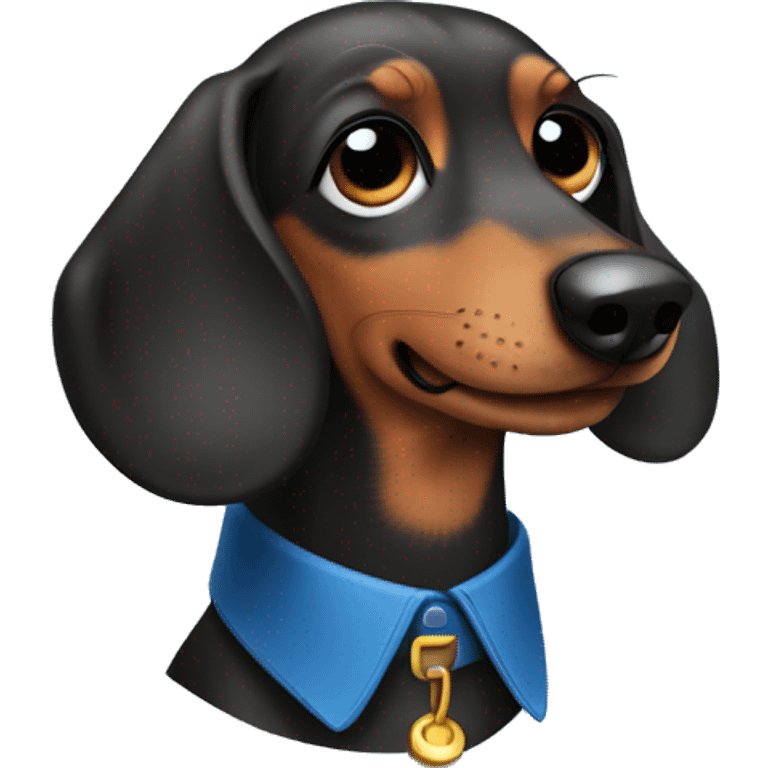 Dark fur Dachshund with long legs in blue collar  emoji