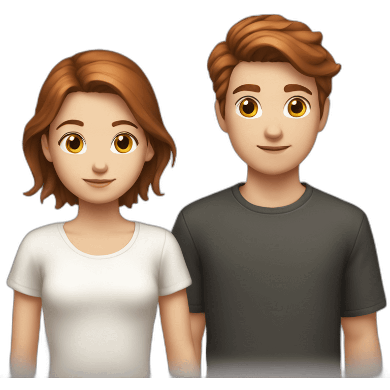 White young girl with dark copper-colored hair tied back with a white young boy with brown hair emoji