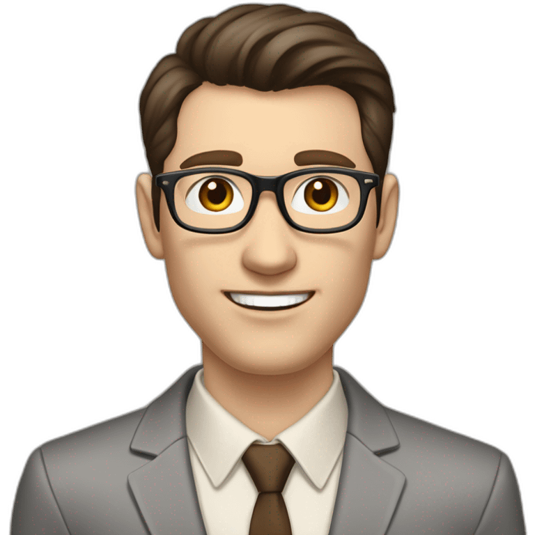 Pale skinned fit man with dark brown hair in gray jacket, beige office shirt, brown tie, brown pants and vintage glasses Writing text on a marker board emoji