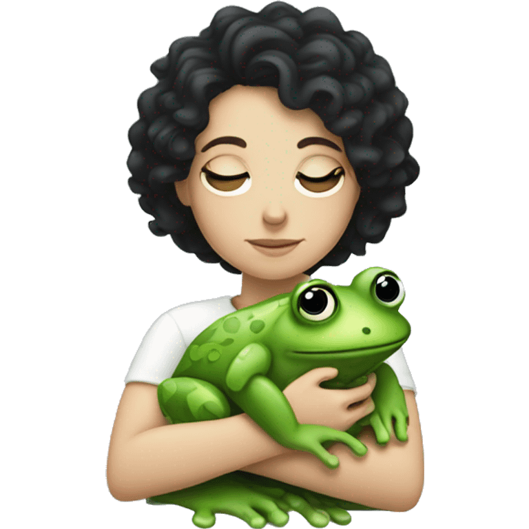 a white girl with curly black hair looking very sleepy and hugging a frog emoji