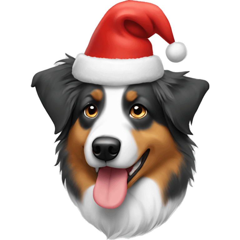 Head of Australian Shepherd dog with a Christmas hat on his head emoji