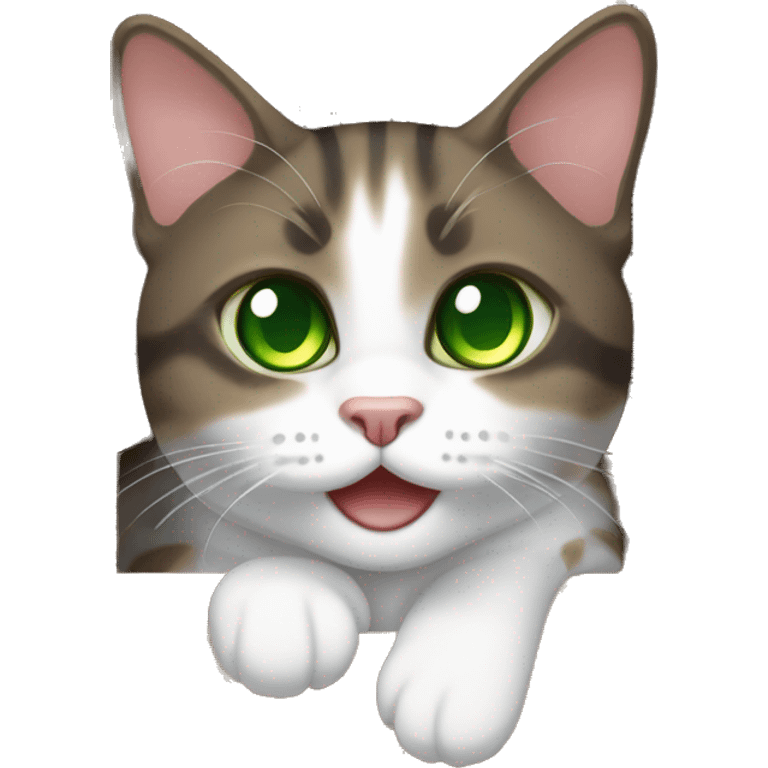 Dark Brown and white tabby cat with green eyes, in a box emoji