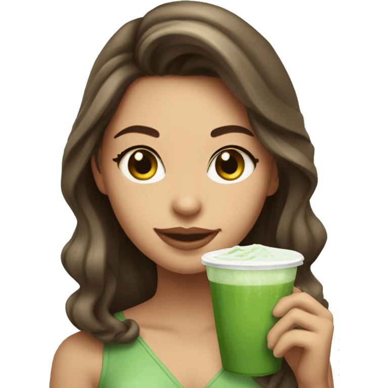 Beautiful girl with brawn hair holding cup of iced matcha  emoji