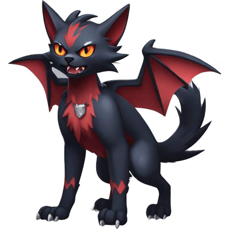   cool edgy beautiful fantasy anime-style dark animal vampiric Litten-Zoroark-Nargacuga-cat-hybrid Fakemon with big fangs and bat-ears full body emoji