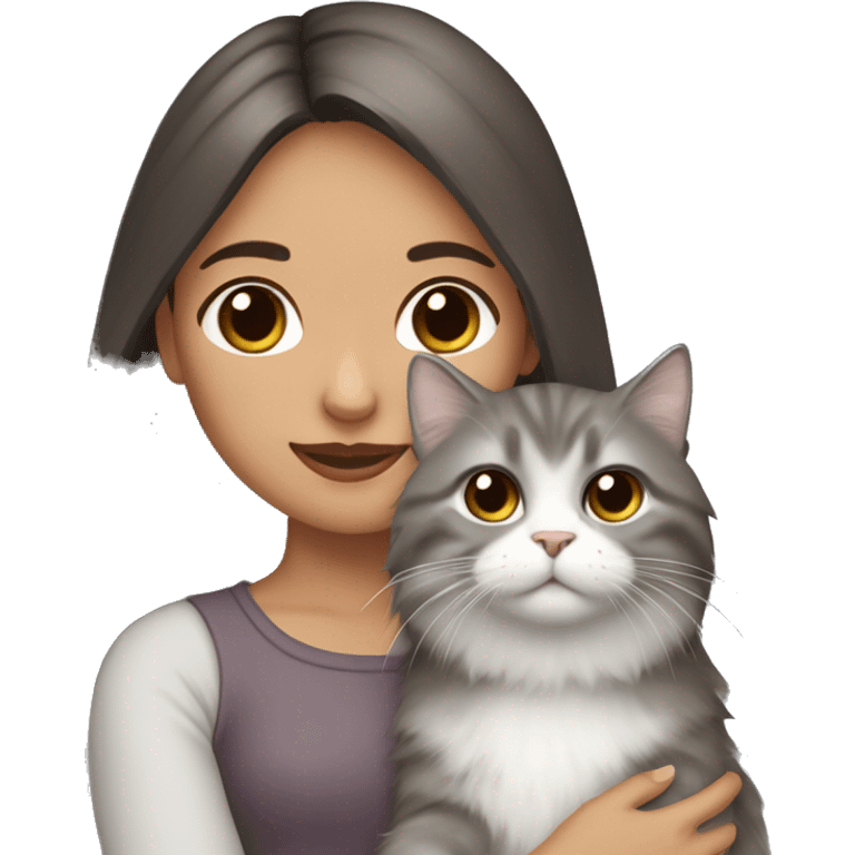 Dark brown straight hair girl holding fluffy Siberian gray cat  emoji