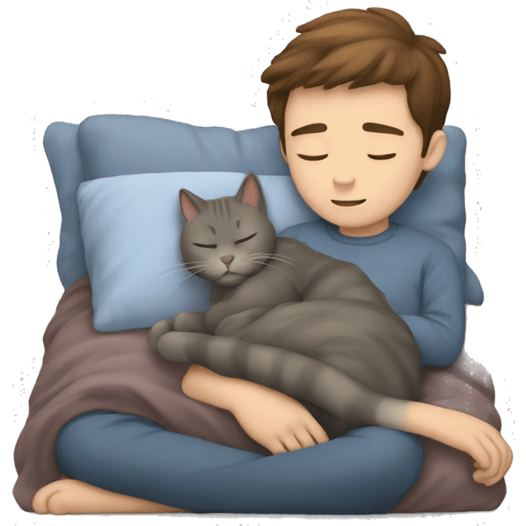 Grey cat taking a nap with a boy who has brown hair emoji