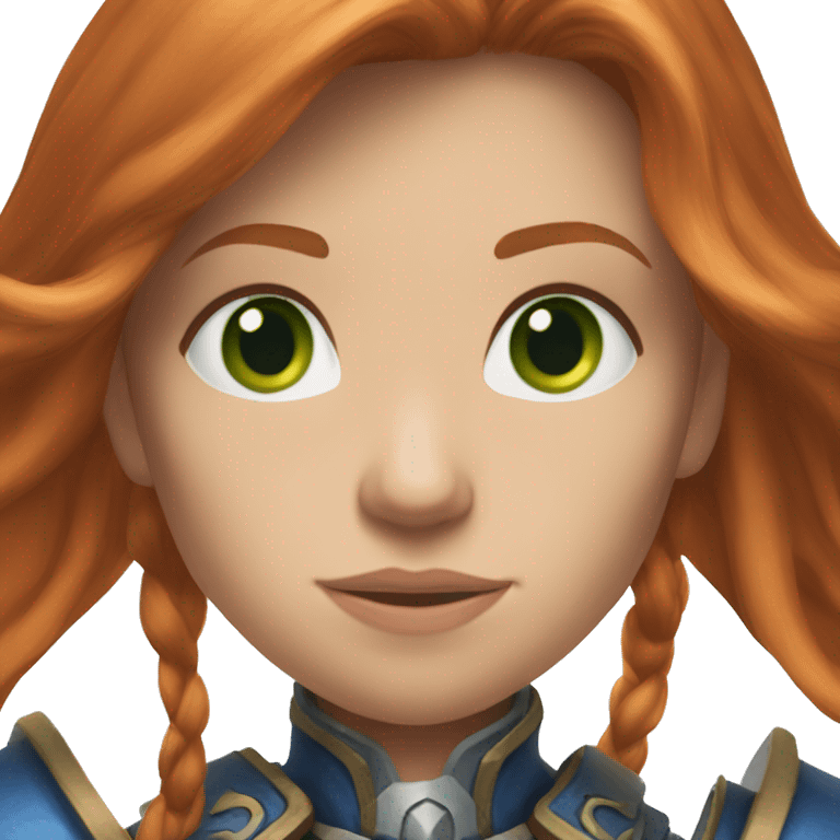 femae human from world of warcraft, ginger hair, green eyes, long hair, blue armor emoji