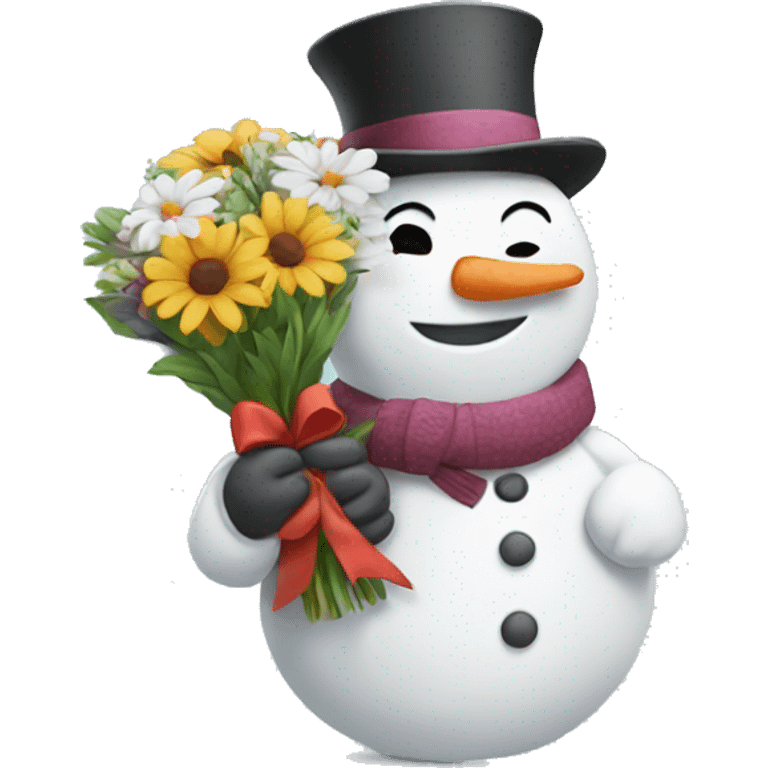 snowman holding a bouquet of flowers while smiling emoji