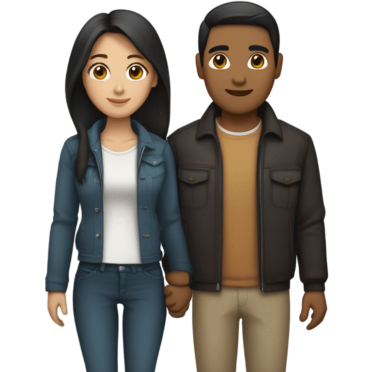 a couple holding hands. the guy has black middle part hair and is Persian and Filipino mix, wearing a jacket. the girl has brown medium length hair white and asian mix, wearing a crop top. emoji