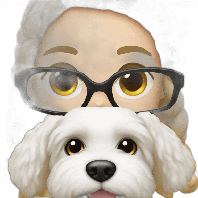 white-woman-black-hair-bun-with-glasses-with-bichon-dog-white-smile-christmas emoji