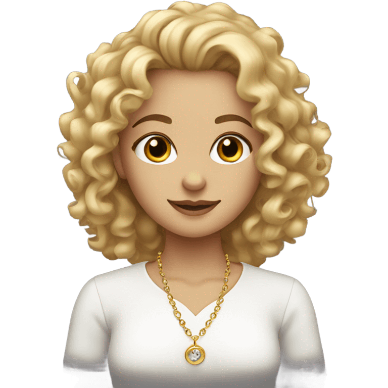 A curly - haired blonde girl in a white blouse with a necklace around her neck emoji