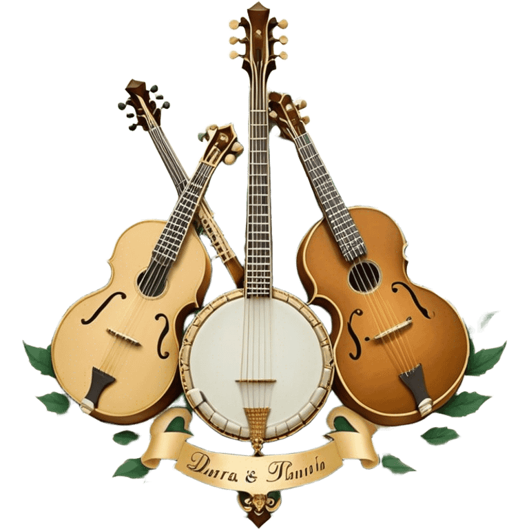 Create an intricate, festive, and emblematic emoji symbolizing plucked string instruments. The design should resemble a regal crest, featuring instruments like a banjo, mandolin, domra, sitar, and other plucked strings, arranged symmetrically in an ornate composition. Their necks and strings should elegantly intertwine with a flowing ribbon of musical notes, wrapping gracefully around the instruments. The overall shape should be grand and balanced, evoking a sense of tradition and celebration. Use a rich and refined color palette with gold, deep mahogany, and vibrant accents, adding intricate wood textures, decorative inlays, and metallic tuning pegs for a professional, polished look. The background should be transparent, making the emblem stand out as an independent artistic mark emoji