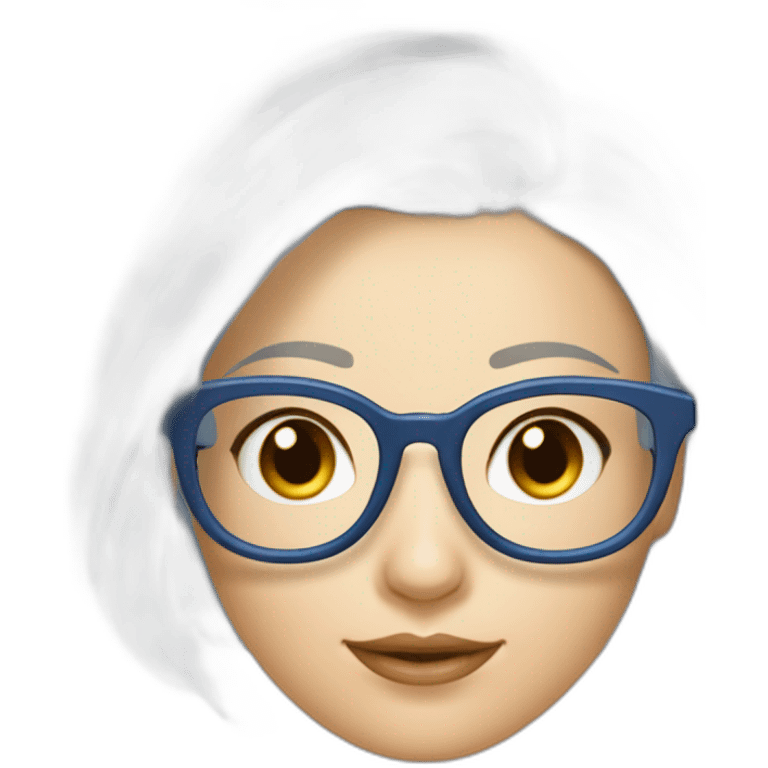 femme mathematicienne maigre blanche cheveux chatains en chignon bas avec des lunettes carrées transparentes fines. Elle porte un sous pull bleu emoji