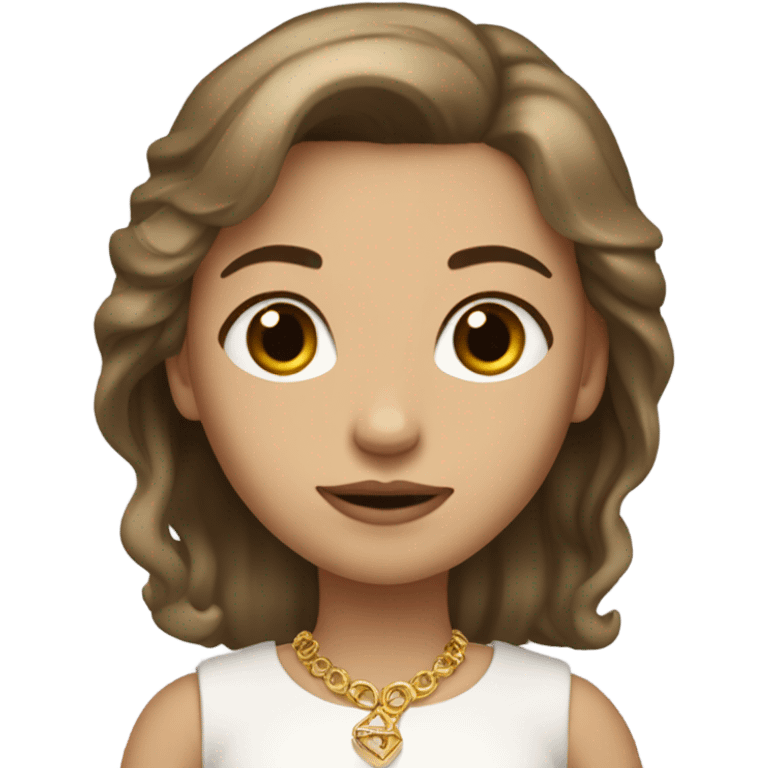 do a white but not too white girl with really dark blond hair brown eyes and gold jewelry, full body  emoji