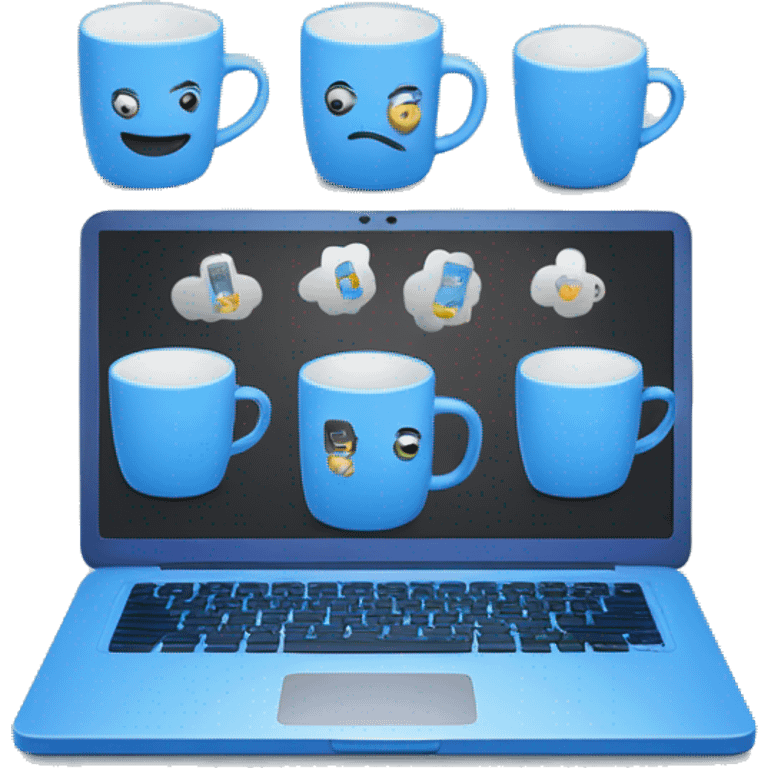 laptop and mugs representing the software development process and teamwork in blue color emoji