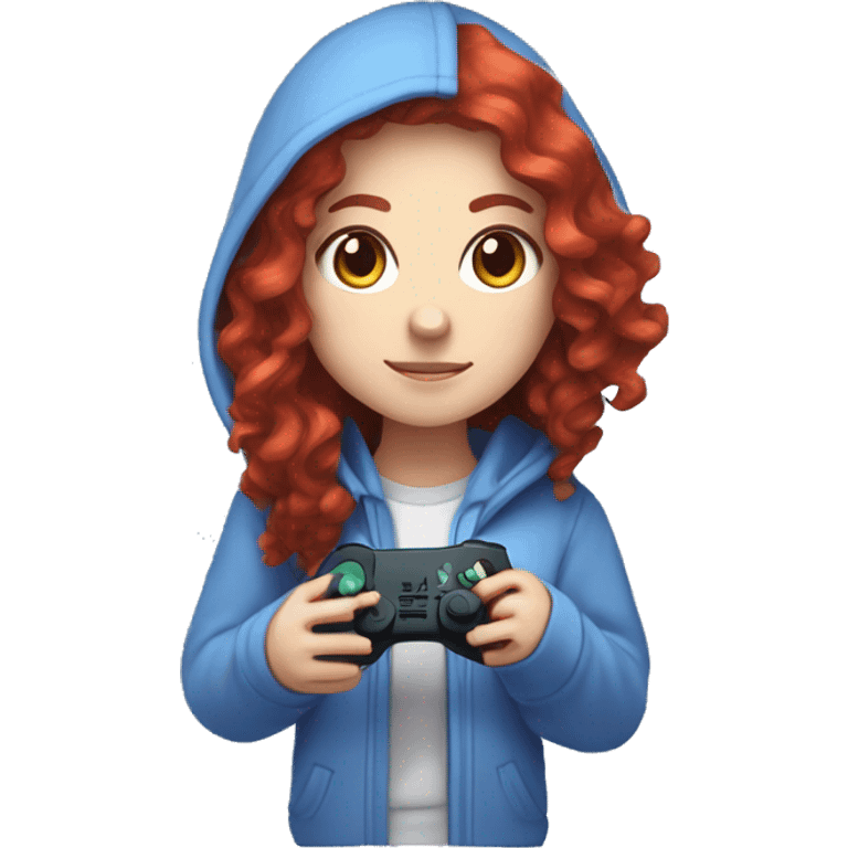 a white girl with long red curly hair, wearing periwinkle Minecraft hoodie holding a controller emoji